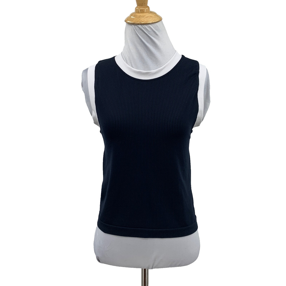 Athleta Top Womens L Large Indigo White Renew Seamless Ribbed Crop Muscle Tank